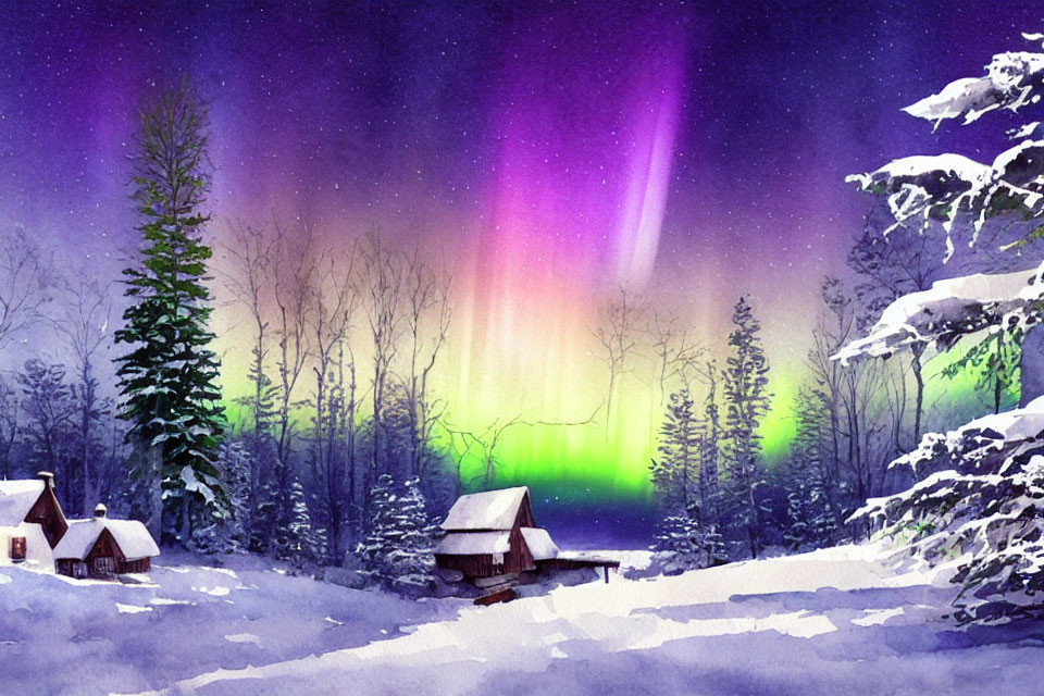 Snow-covered cottages and aurora borealis in serene winter landscape