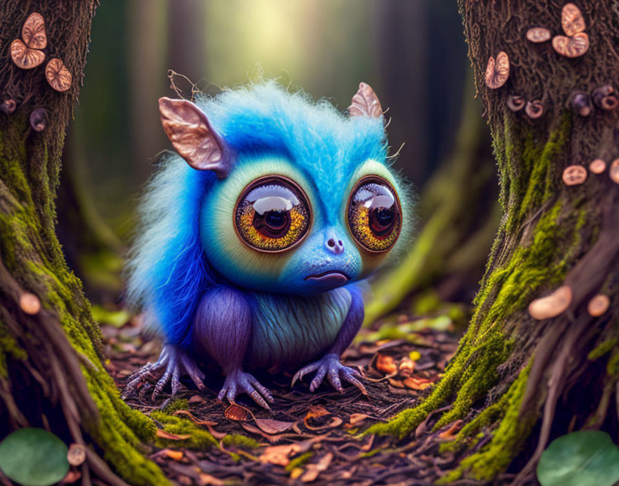 Blue Creature with Expressive Eyes in Magical Forest Setting