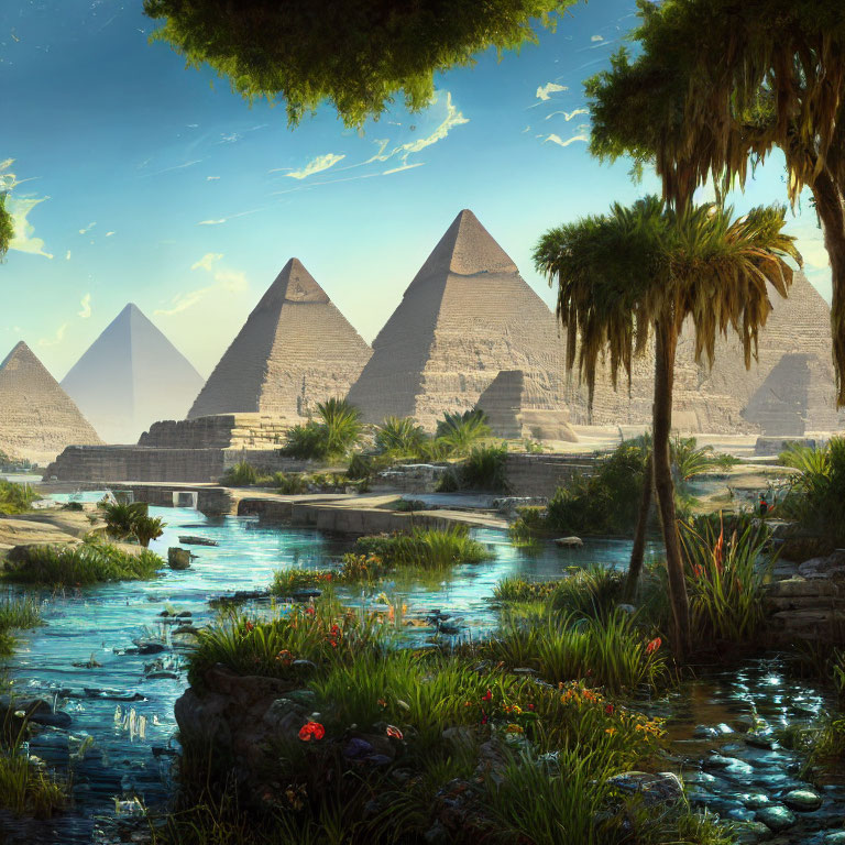 Egyptian Pyramids and Oasis with Palm Trees and Tranquil Water