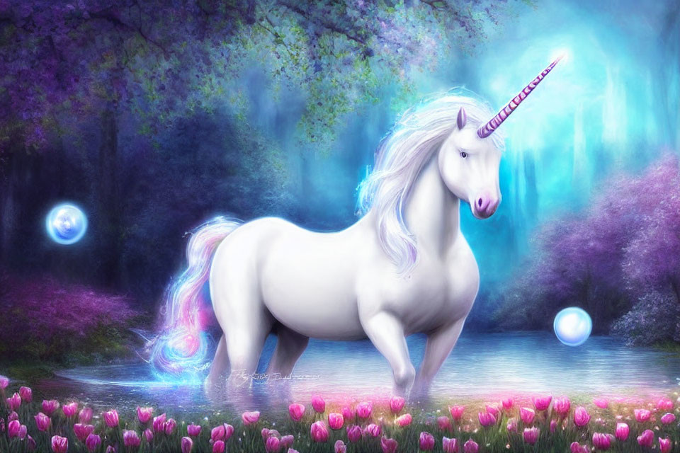 White Unicorn Near Pond in Ethereal Forest with Purple Flowers