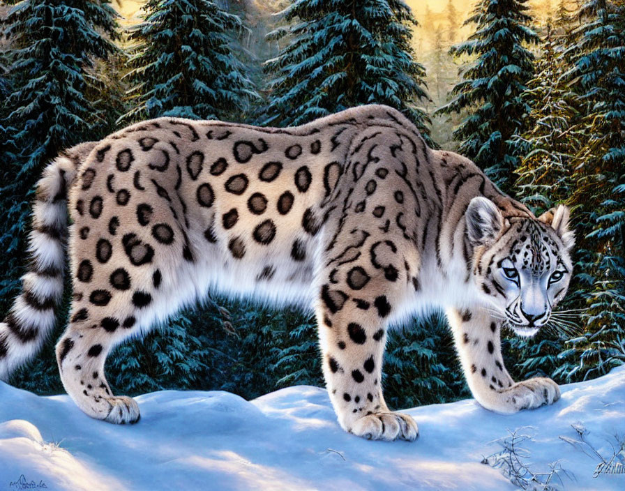Snow leopard walking in snowy landscape with evergreen trees
