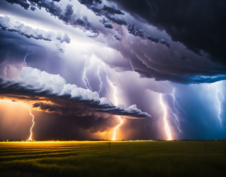 Dramatic thunderstorm with vivid lightning bolts over serene grassland