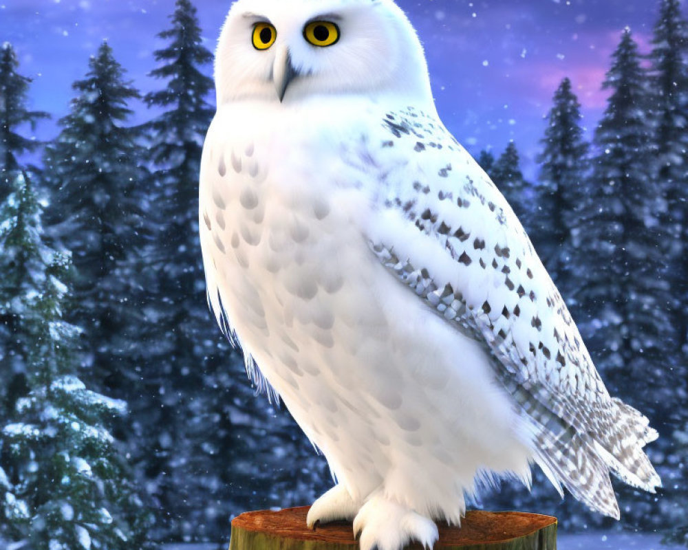Snowy owl perched on stump in wintry forest with falling snowflakes