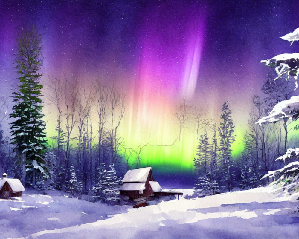 Snow-covered cottages and aurora borealis in serene winter landscape