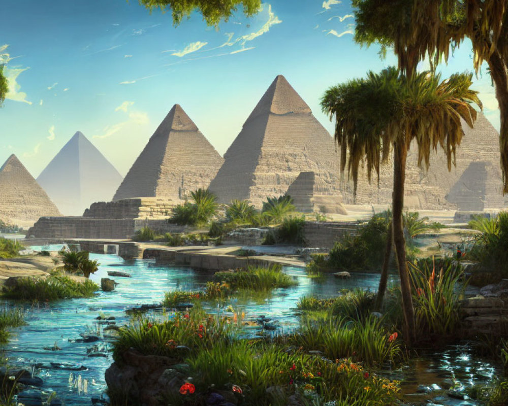 Egyptian Pyramids and Oasis with Palm Trees and Tranquil Water