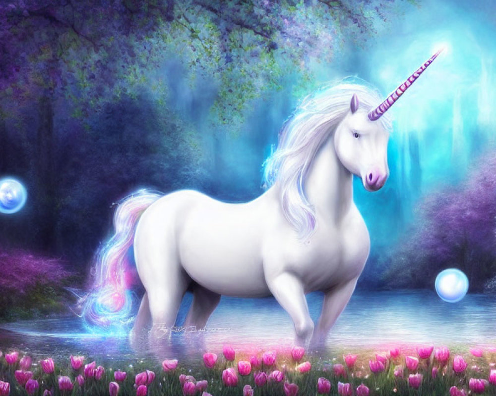 White Unicorn Near Pond in Ethereal Forest with Purple Flowers