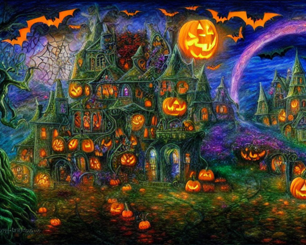 Spooky Halloween scene with jack-o'-lanterns, haunted mansion, moon, and bats
