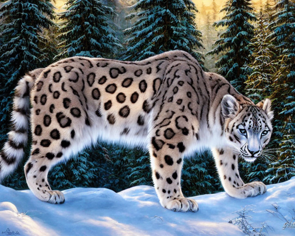 Snow leopard walking in snowy landscape with evergreen trees