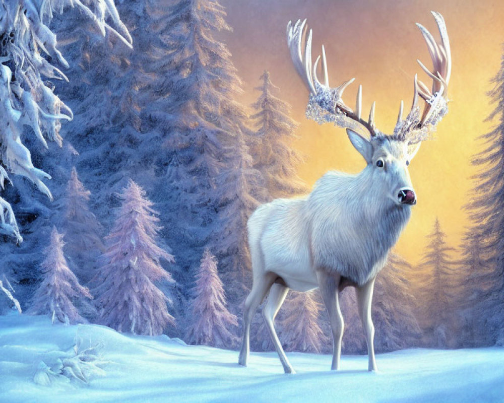 Majestic white stag with impressive antlers in snowy forest landscape
