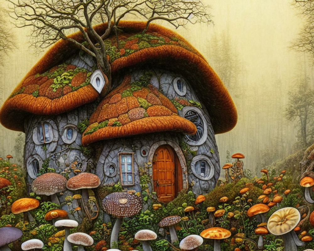 Illustration of Mushroom-Shaped House in Vibrant Forest Setting