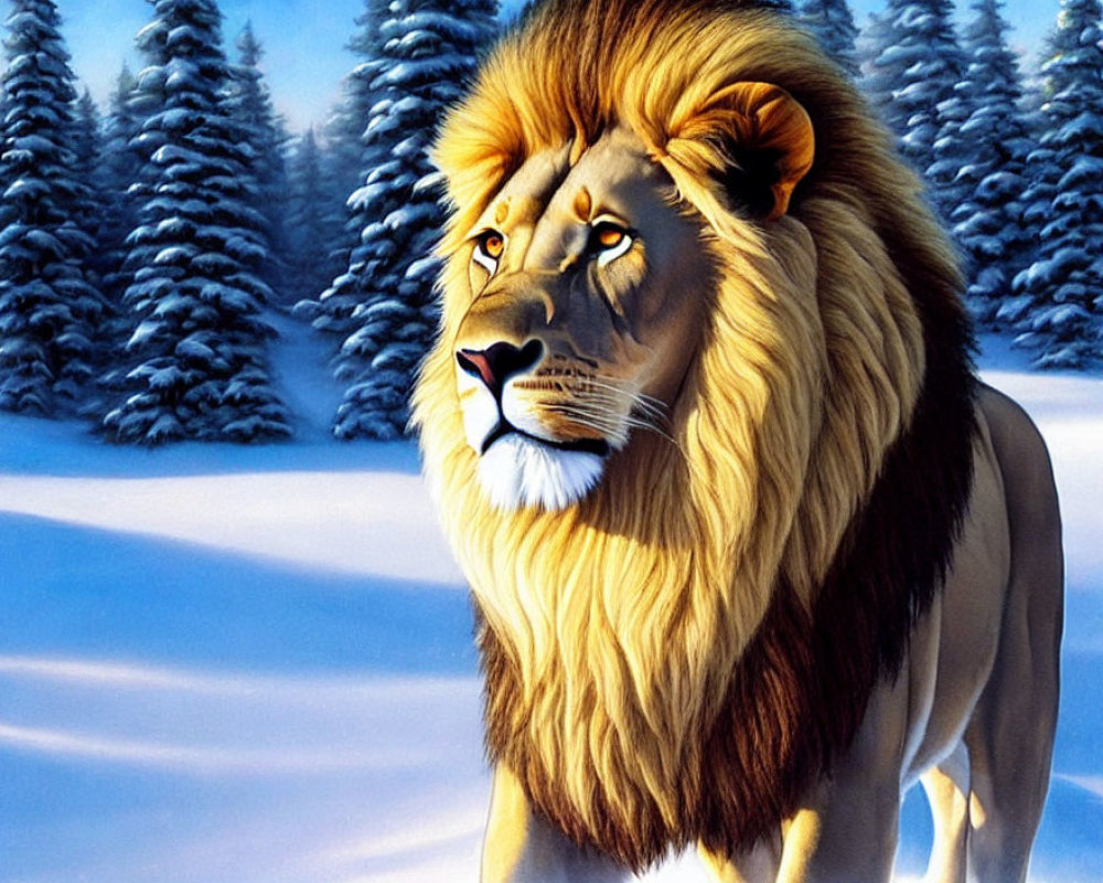 Majestic lion with lush mane in snowy forest scene