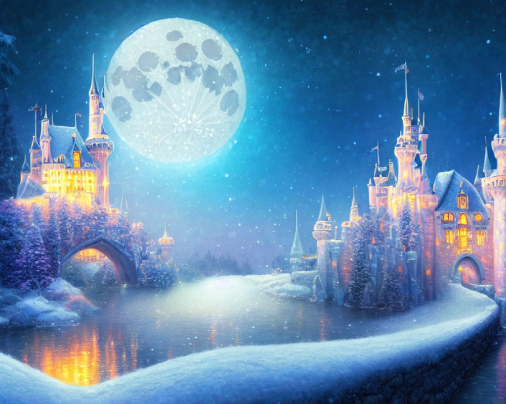 Snow-covered fairy tale castle at night reflected in tranquil lake
