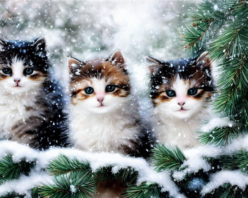 Fluffy Kittens with Striking Eyes on Snowy Branches