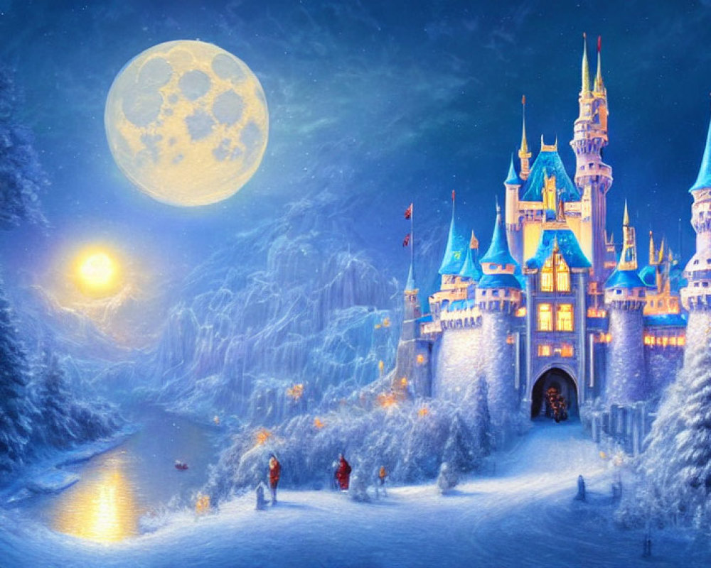 Enchanting snowy night scene with fairytale castle, moonlit river, and figures walking.