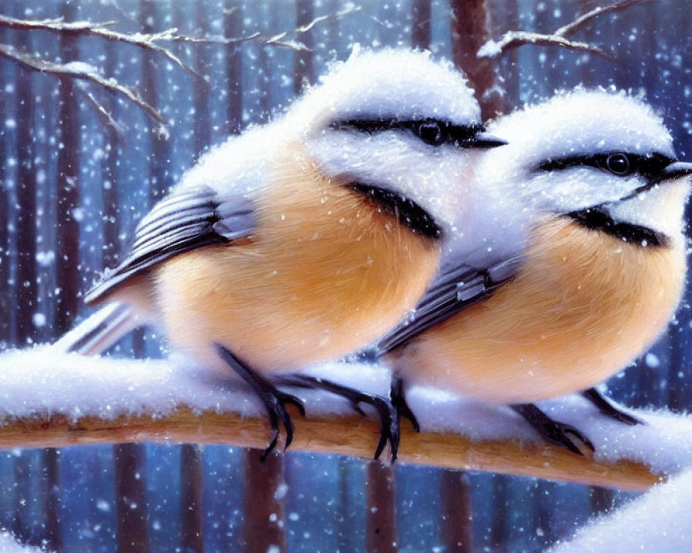 Fluffy birds on branch with falling snow in wintry scene