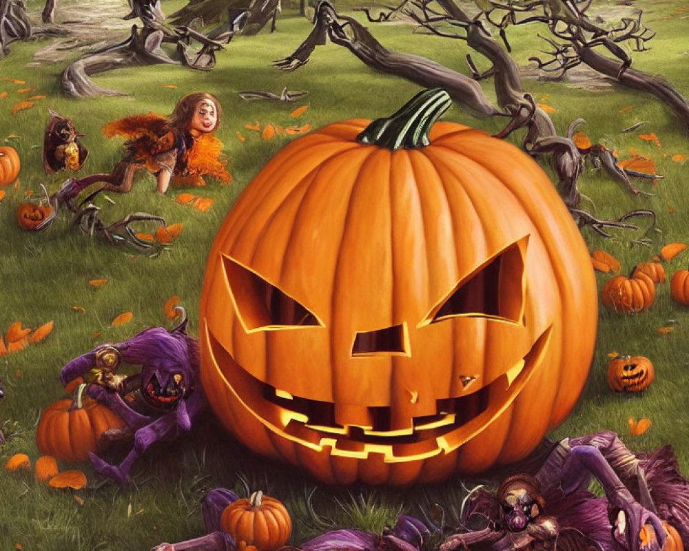 Colorful Halloween illustration with jack-o'-lantern and whimsical creatures