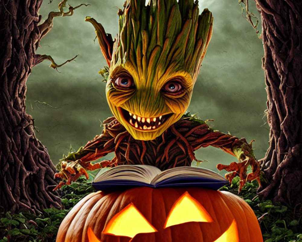 Baby Groot with mischievous grin by glowing pumpkin, holding book in eerie forest