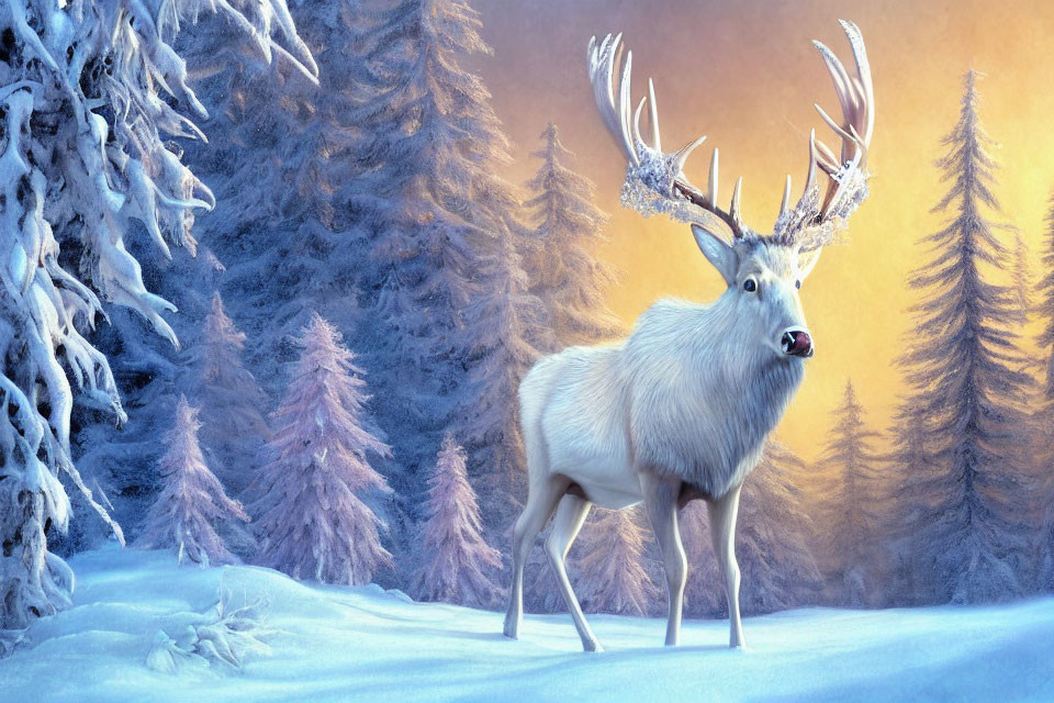 Majestic white stag with impressive antlers in snowy forest landscape