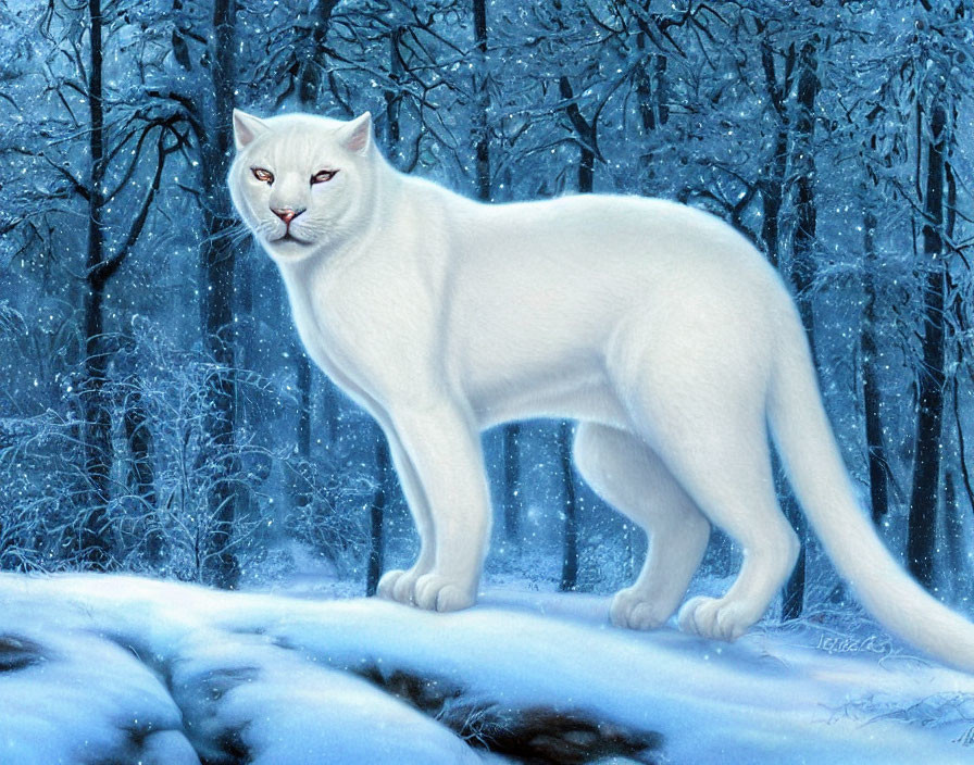 White Cat with Piercing Eyes in Snowy Forest Scene