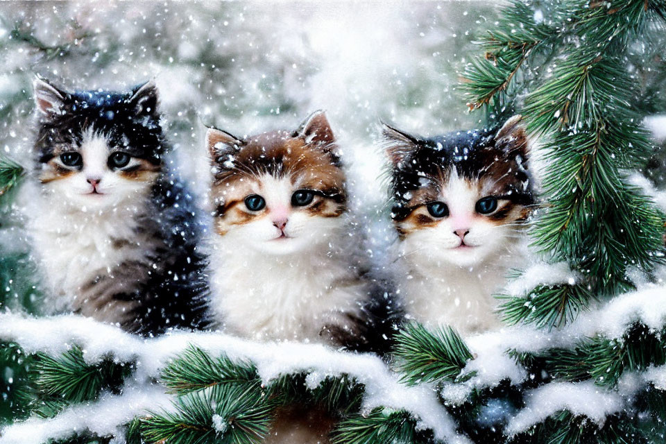 Fluffy Kittens with Striking Eyes on Snowy Branches