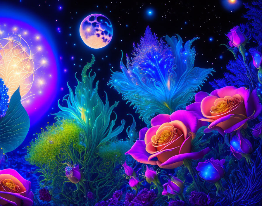 Vibrant, Fantastical Scene with Luminous Flowers and Moonlit Sky
