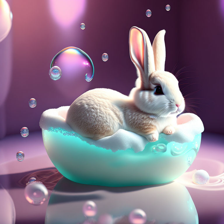 Fluffy white and tan bunny in blue eggshell with bubbles on purple background