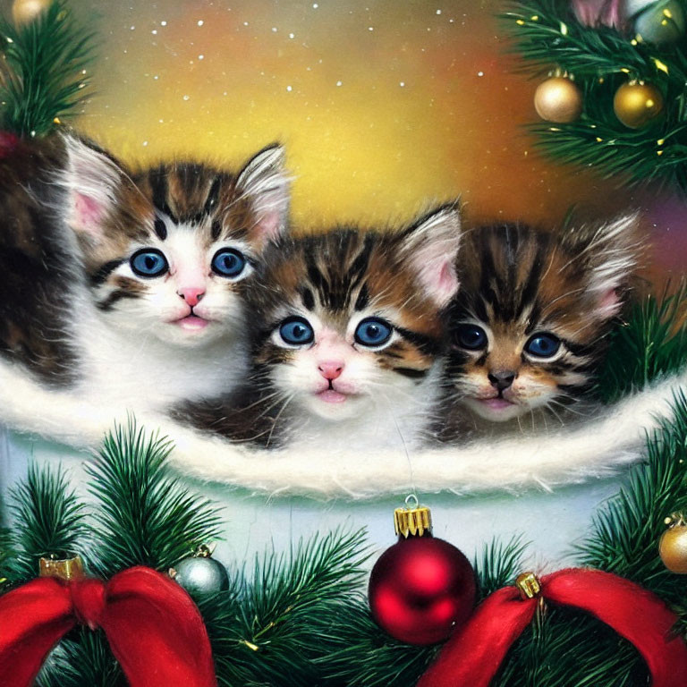Three kittens behind a Christmas wreath with baubles and bows
