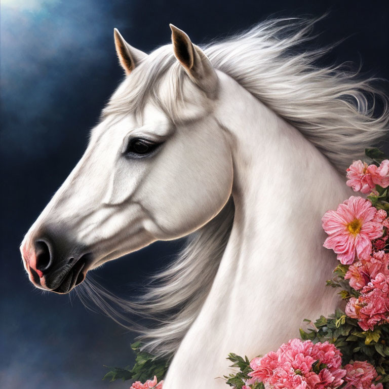 White Horse with Flowing Mane Beside Pink Flowers on Moody Blue Background