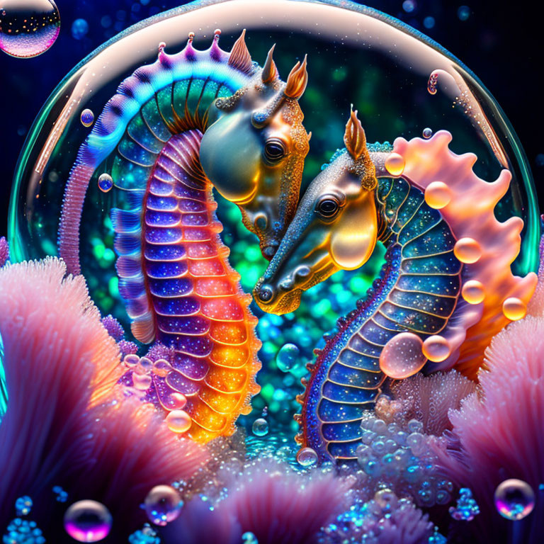 Vibrant colorful seahorses in neon hues surrounded by underwater flora and bubbles