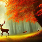 Two deer in mystical forest with fiery orange autumn leaves, sunbeams, and shadowy trees