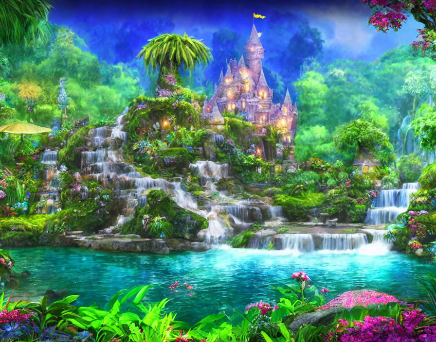 Majestic castle on cascading waterfalls in vibrant fantasy landscape
