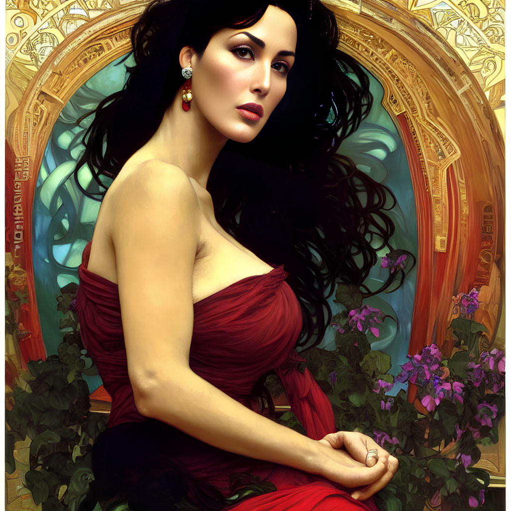 Digital painting of woman in red dress against golden archway