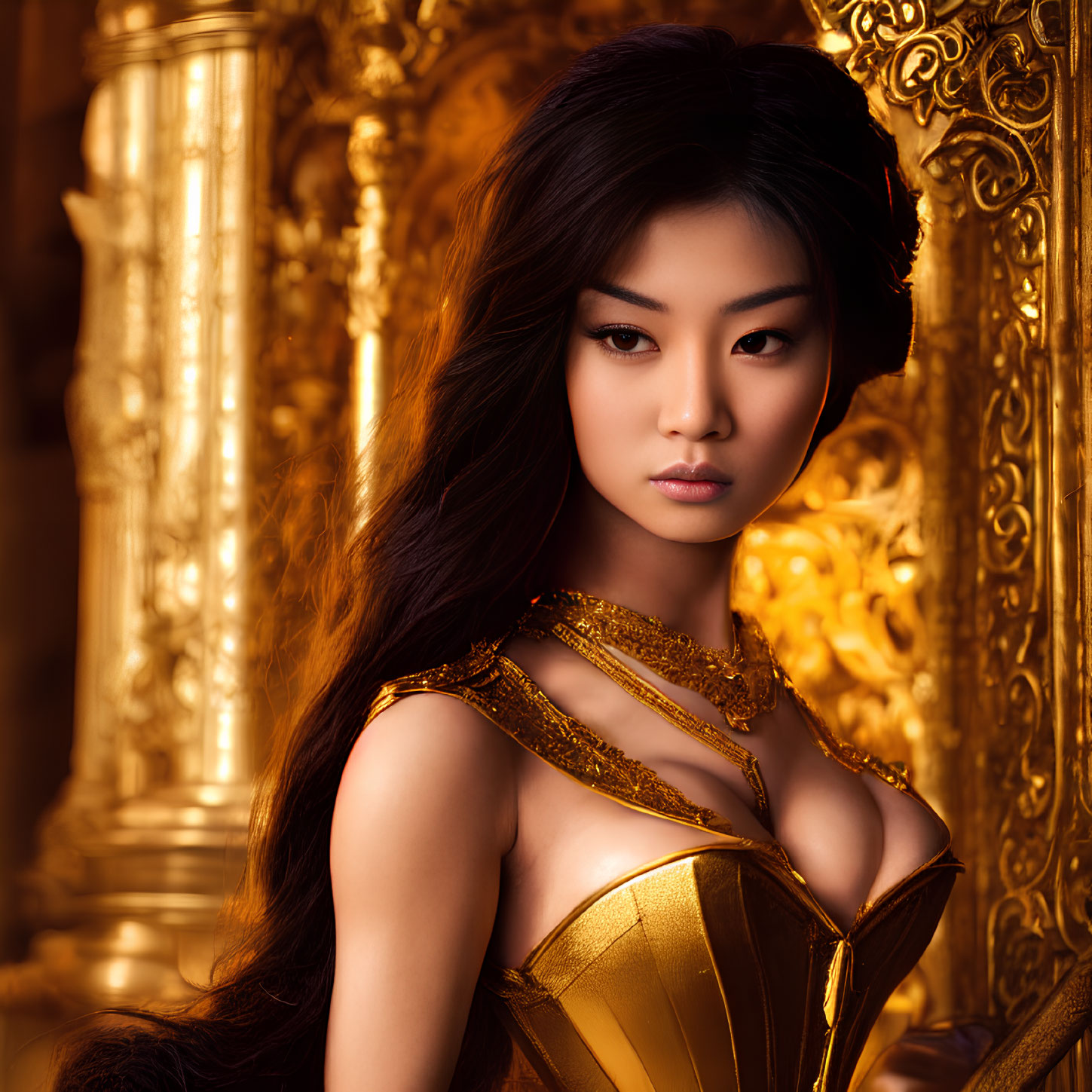 Golden Costume Woman Poses with Ornate Background