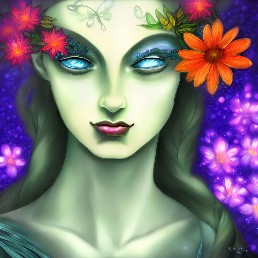 Fantasy creature with green skin, blue eyes, orange flower crown, and purple background