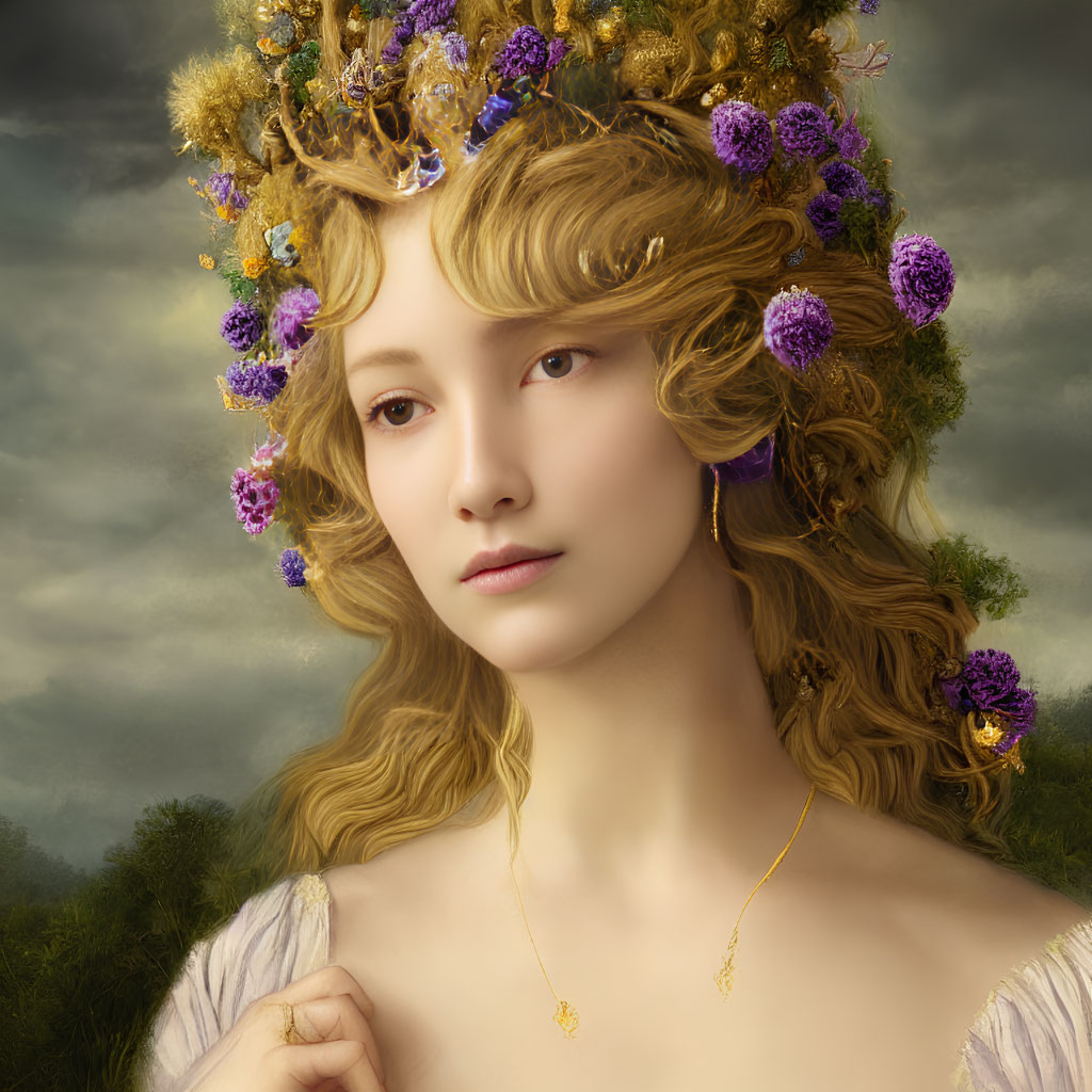 Woman with floral crown and golden hair in serene setting