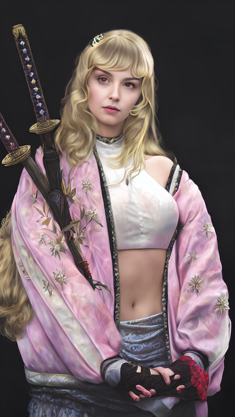 Blond woman in tiara, white and pink kimono, with sword - digital artwork