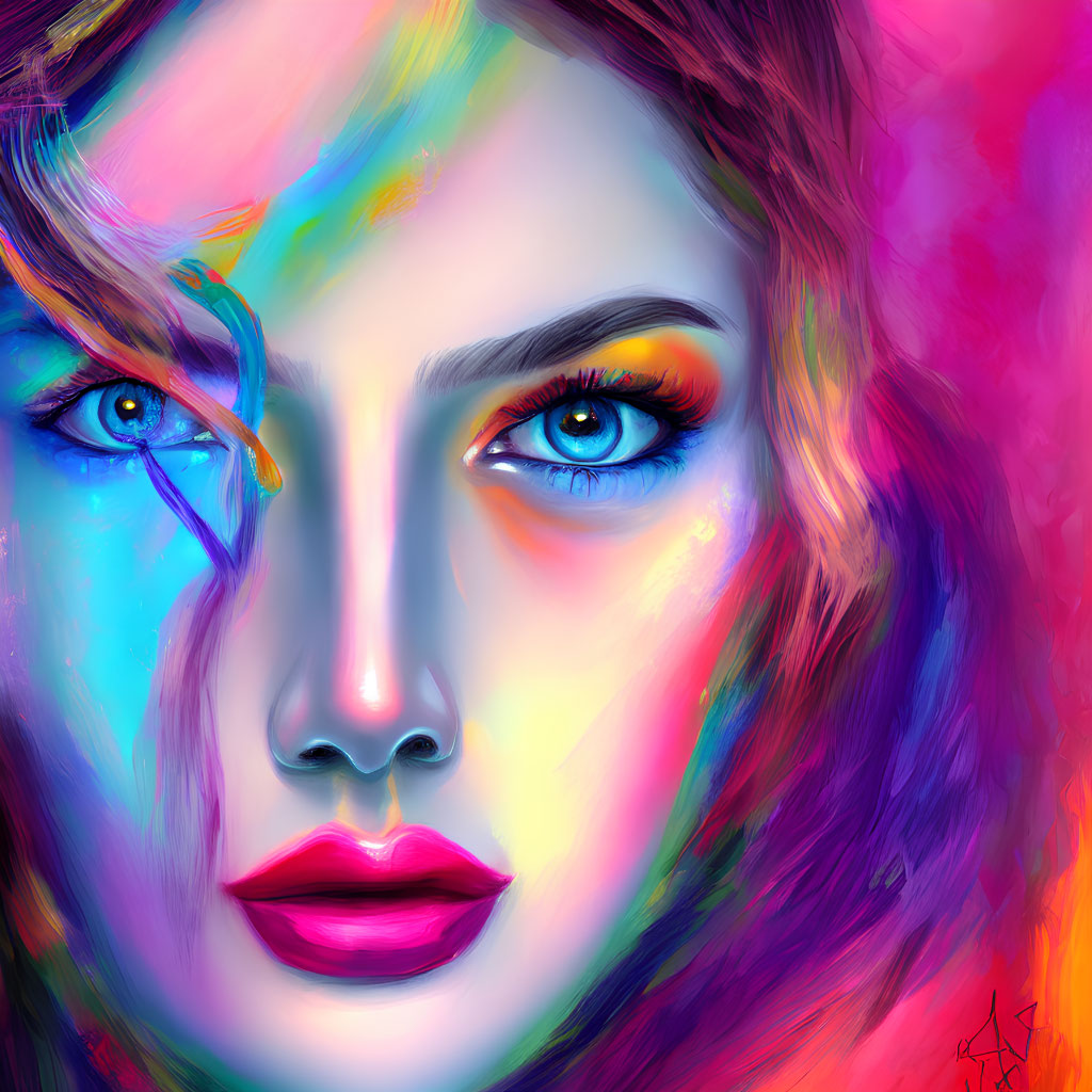 Colorful portrait of a woman with intense blue eyes and abstract neon background