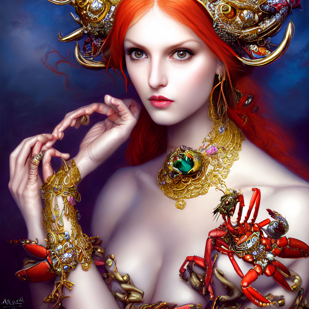 Vibrant red-haired woman with golden jewelry holding a green gemstone crab