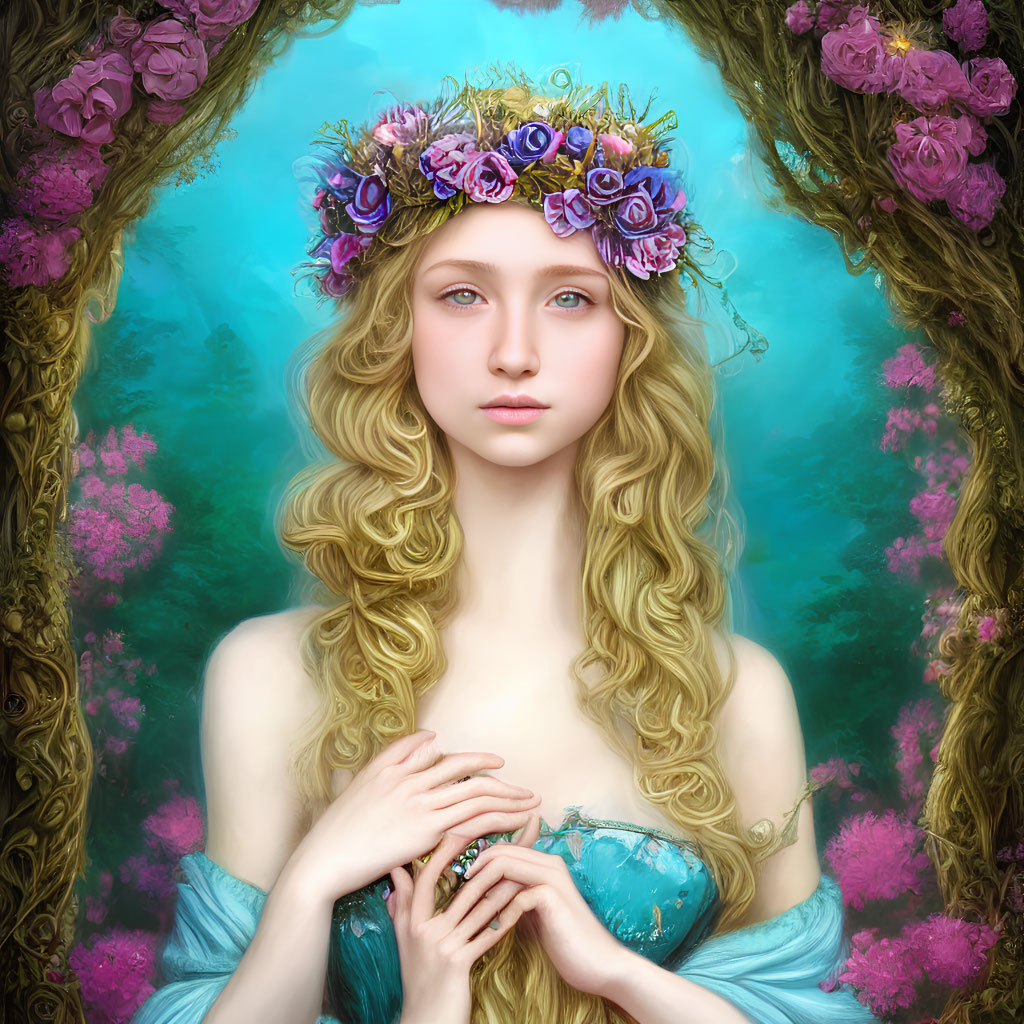 Blond woman with floral crown and blue ornament on teal background