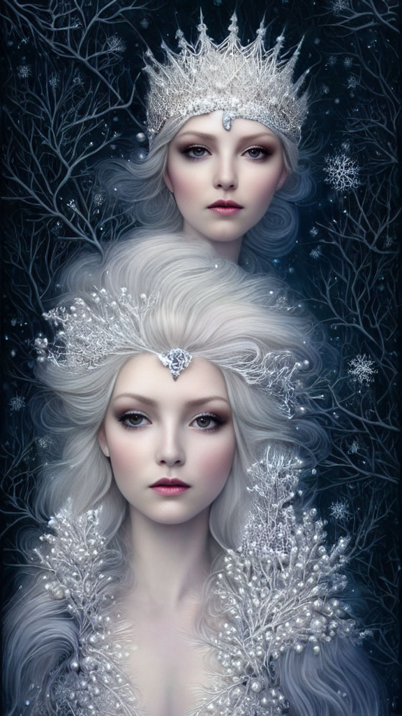 Ethereal women with silver crowns in wintry setting