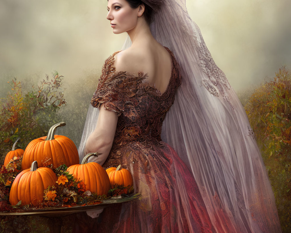Detailed Brown Gown Woman with Pumpkins in Autumnal Setting