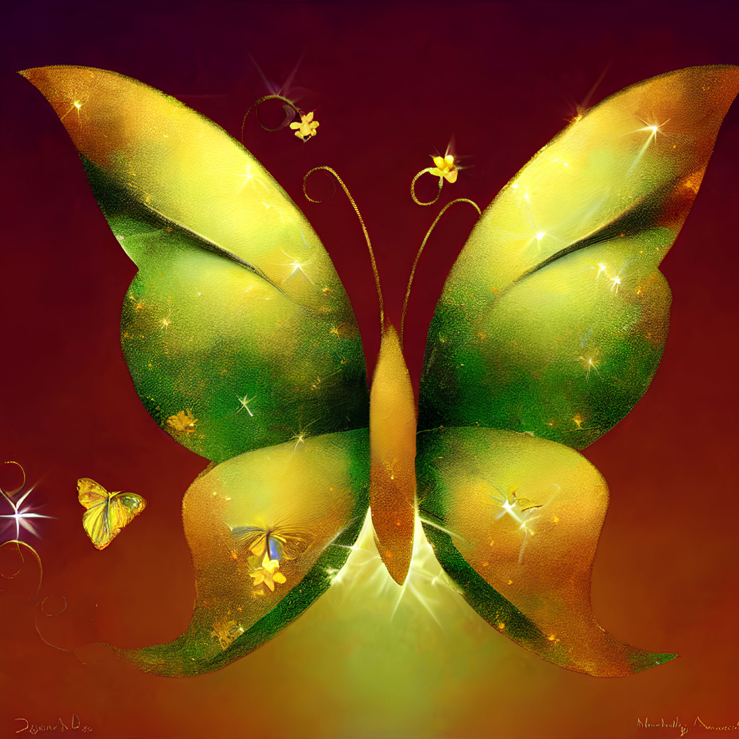 Colorful Butterfly Artwork with Glowing Wings and Stars on Red Background