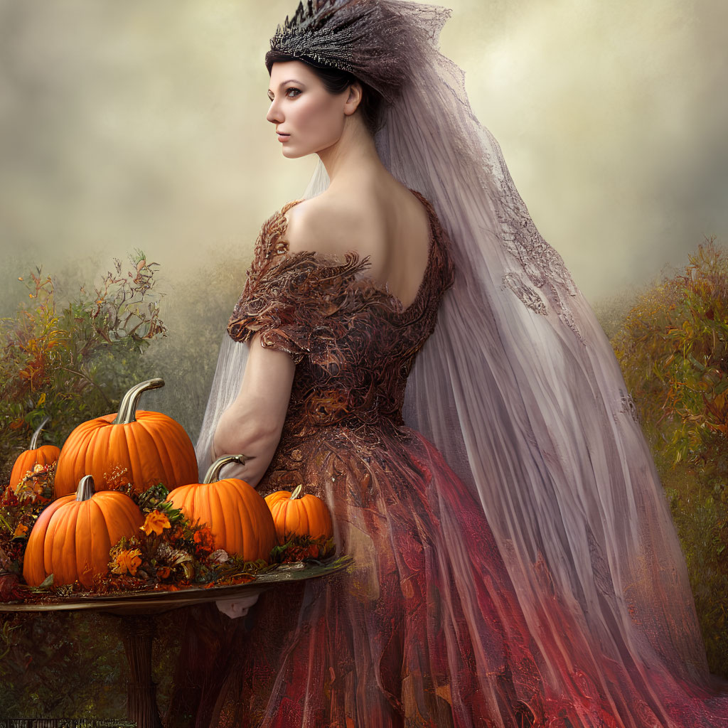 Detailed Brown Gown Woman with Pumpkins in Autumnal Setting