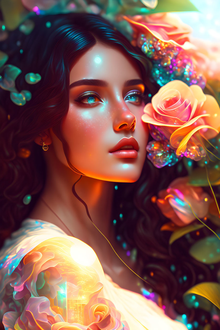 Blooming Neon Harmony: A Girl Immersed in Floral S
