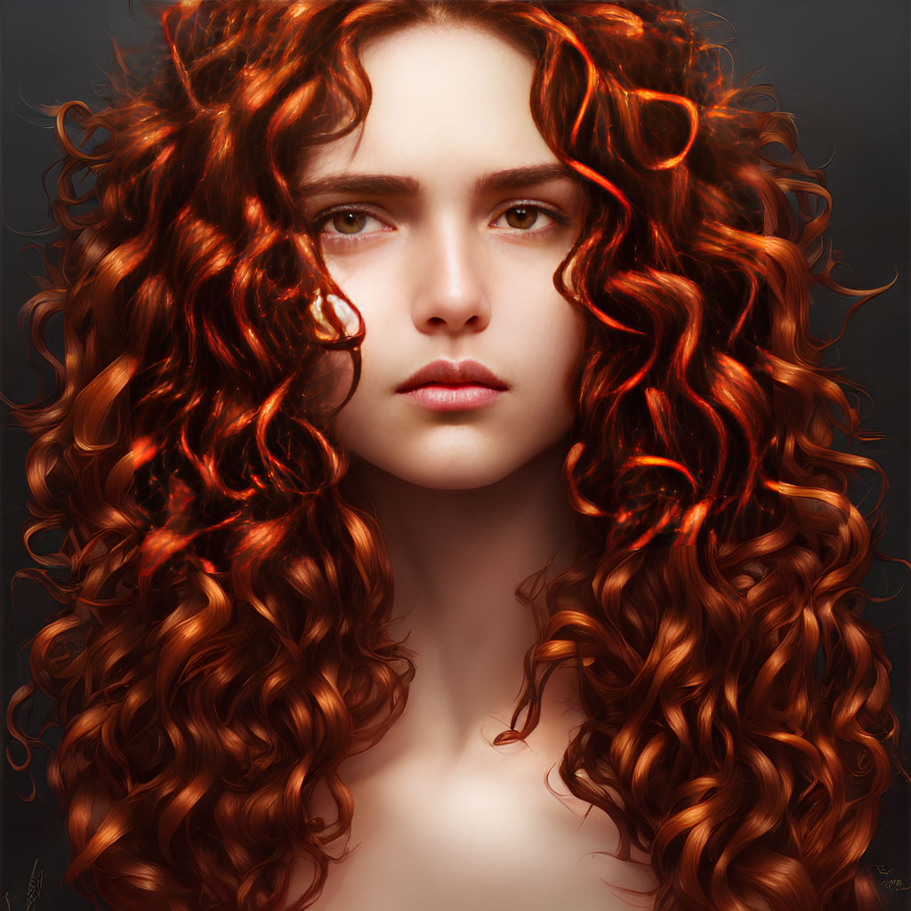 Portrait of a person with voluminous red hair and gray eyes