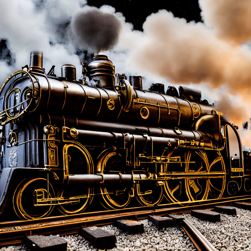 Vintage Black and Gold Steam Locomotive Against Dramatic Sky