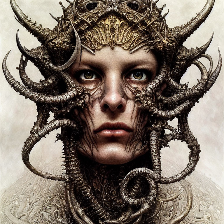Detailed portrait of a person with ornate horned headgear and intense gaze, showcasing metallic and organic