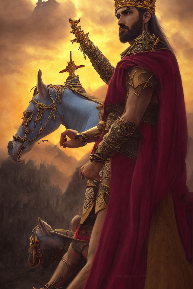 Royal figure in armor on horseback with castle backdrop - regal historical scene