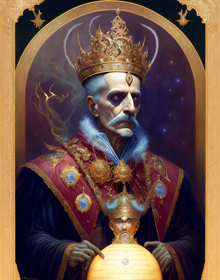 Regal figure with crown and orb in cosmic backdrop framed in gold