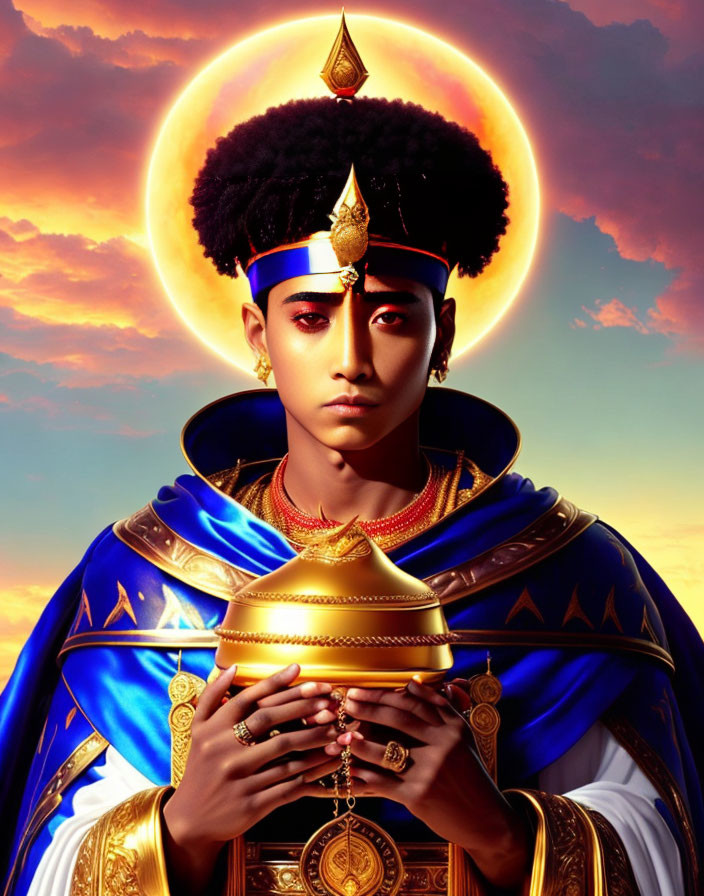 Regal figure in blue and gold robe holding golden vessel